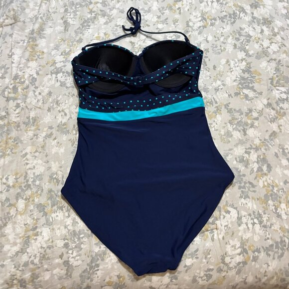 Gap Body Polka Dot Navy One-Piece Swimsuit — Halter Tie • Padded Cups • Size M - Picture 2 of 5